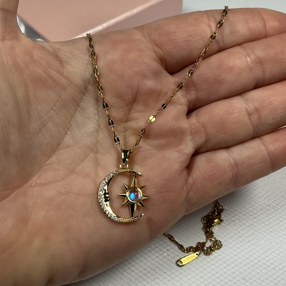 Gold Tone Cz Diamond Crescent Moon Pendant with Center Moonstone Style Accent - Picture 8 of 10